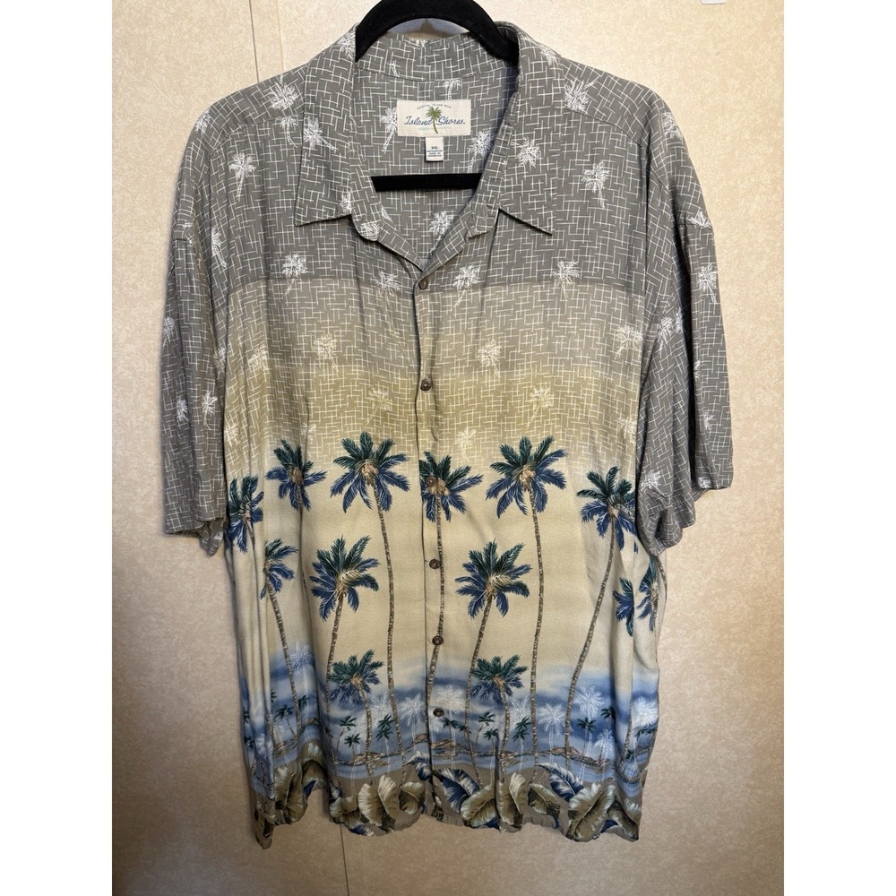 ISLAND SHORES Tall Palm Tree HAWAIIAN SHIRT Men's XXL Beach BEIGE BLUE Aloha